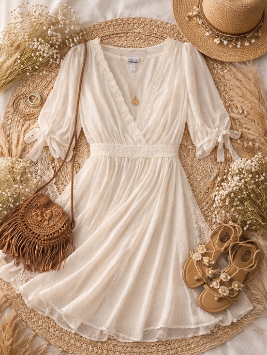 Dresses & Skirts - Kate & Lilly Cream Swiss Dot Lace Midi Dress Romantic Boho  Sz 12